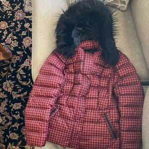 Talbots Red and Black Checkered Puffer Jacket